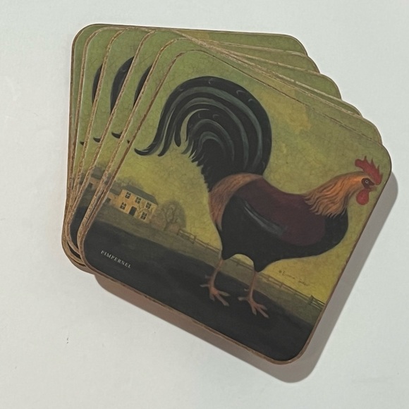 Vintage Pimpernal Set of 6 Rooster Coasters Cork Backed Chicken Farmhouse - Picture 9 of 14